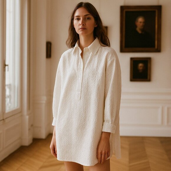 NWT 100% Cotton White Eyelet LWD Tent Shirt Dress Size 36 US 4 Tunic Scandi Girl - Picture 1 of 16